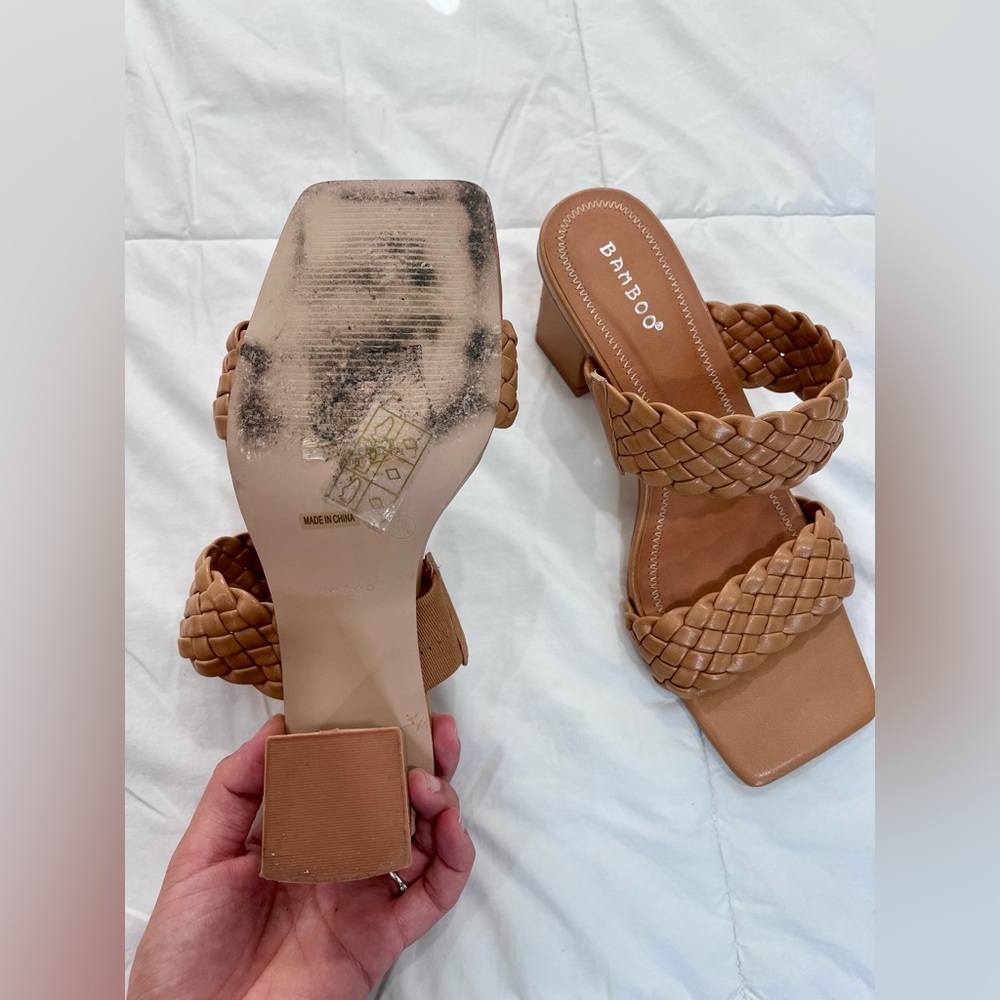 Womens Tan Braided Strappy Square Open Toe Slip On Chunky Heeled Sandals Size 10 - Picture 10 of 12